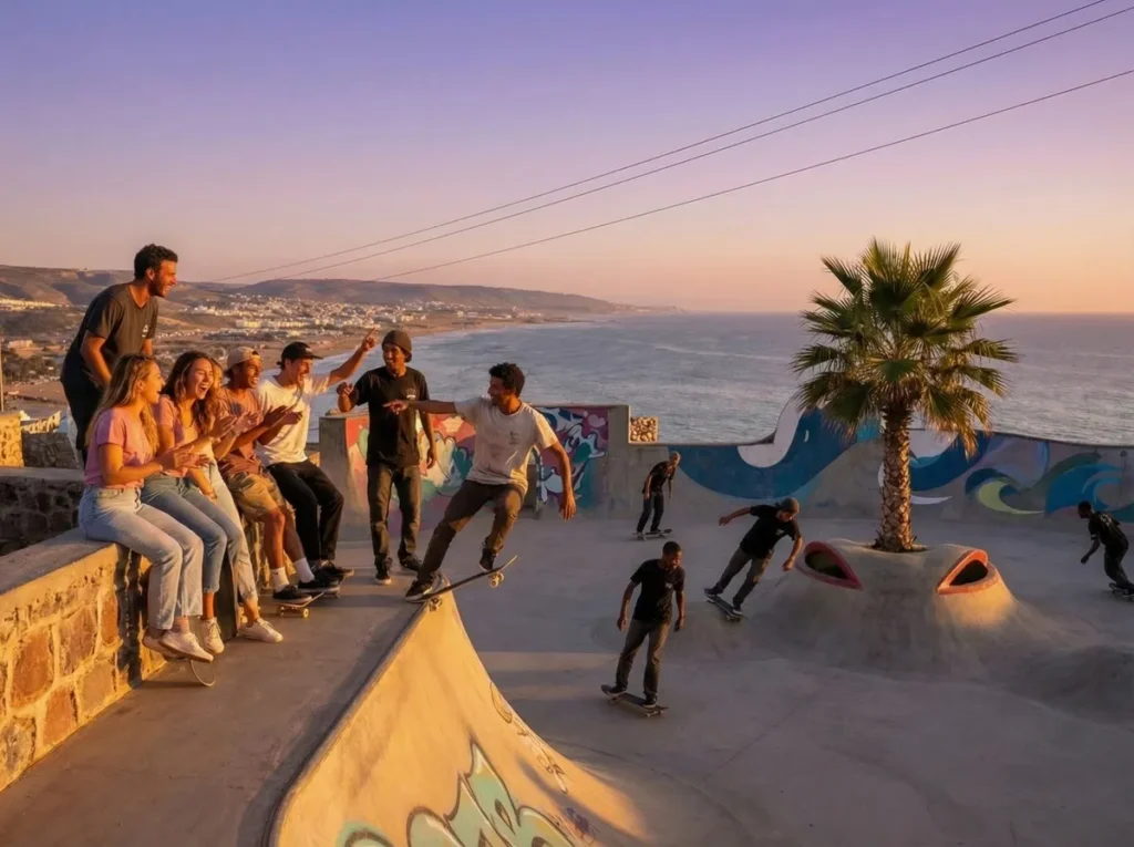 Freunde schauen sich den Sonnenuntergang am Skatepark von Taghazout an